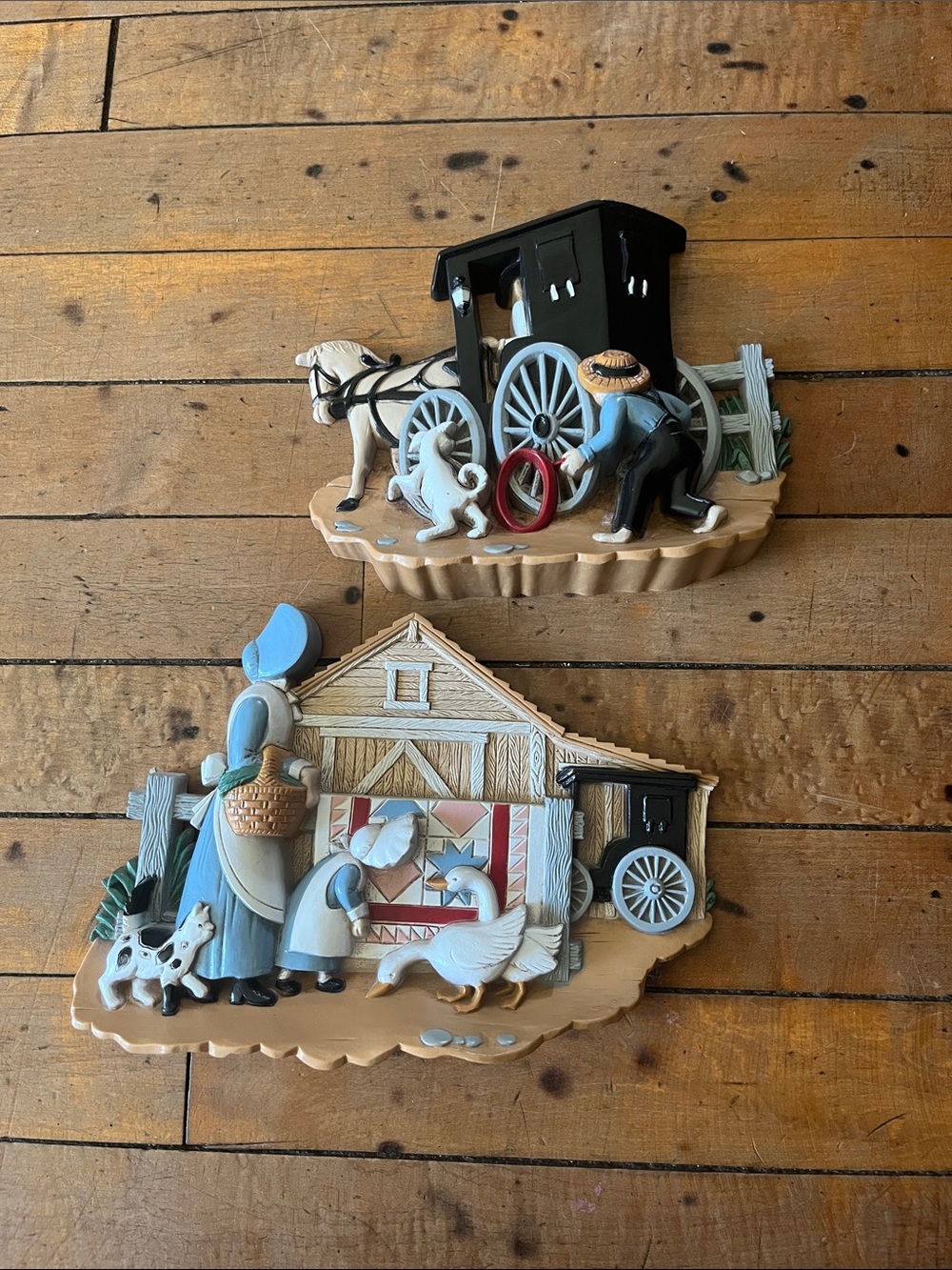Burwood Folk Art Amish Village Wooden Wall Plaques in Soft Blue and Tan